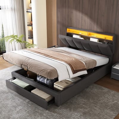 DESMIU Gestoffeerd Bed 140x200 cm - Led-Verlichting En Opbergruimte - Voor Jeugdkamer - Linnenstijl - Grijs Zonder Matras