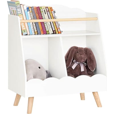 SoBuy Kinderboekenkast, Opbergrek, speelgoed voor kinderen, 2 Open Vakken, Wit met Houtkleur, 61x35x71 cm - KMB100-K-W