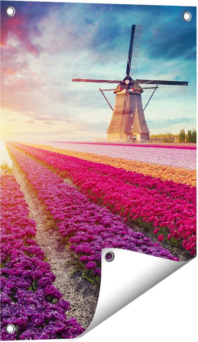 Gards Tuinposter Kleurrijke Tulpen Bloemenveld - Windmolen - 40x60 cm - Tuindoek - Tuindecoratie - Wanddecoratie buiten - Tuinschilderij