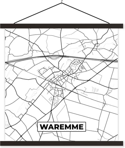 Posterhanger incl. Poster 60x60 cm - Schoolplaat - Plattegrond – Waremme – Zwart Wit – Stadskaart - Kaart - België - Textielposter - Zwarte latten - Stadskaart