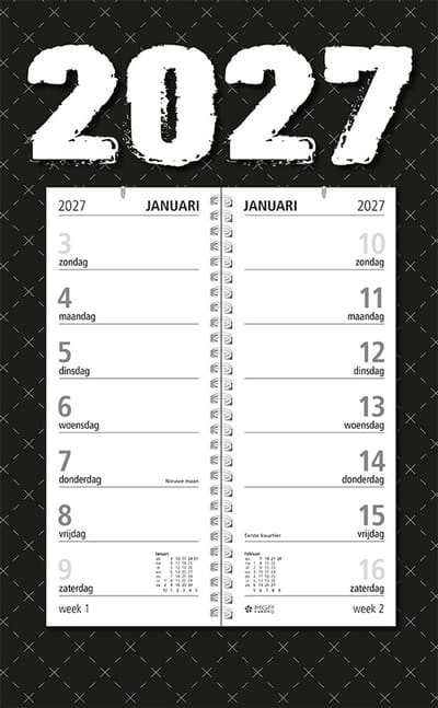 MGPcards - Omlegweekkalender 2027 - Week begint op zondag - 21 x 34 cm - Zwart