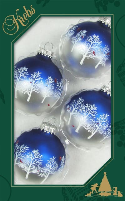 Krebs kerstballen - 4x stuks - blauw/zilver - D7 cm - glas - gedecoreerd