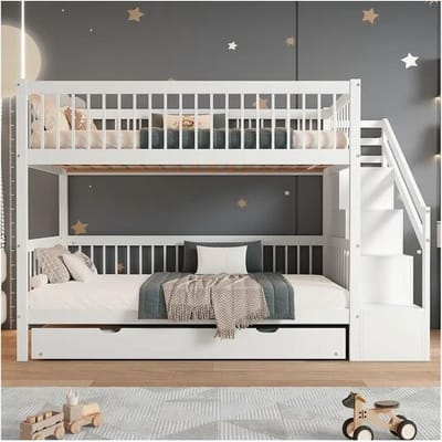 Merax Stapelbedden 2 x 90 x 200 cm + onderschuifbed 90 x 190 cm - 3 lades en trap - grenen + MDF - kleur wit