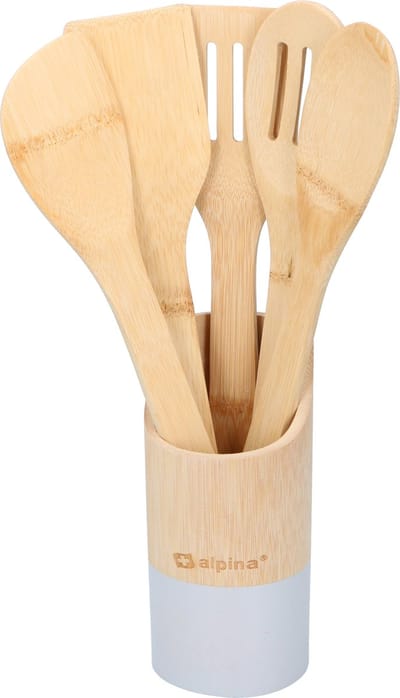 Keukengerei 5-delig 30 cm in houder naturel/grijs van bamboe - Pollepels - Spatels - Keukenspatels