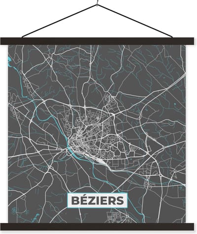 Posterhanger incl. Poster 60x60 cm - Schoolplaat - Béziers – Plattegrond – Frankrijk – Kaart – Stadskaart - Textielposter - Zwarte latten - Stadskaart