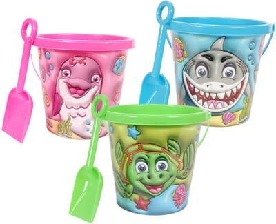 PIA Soft Toys-Set van 3 - 3D Zeedieren emmer & schep 3 ass. - Groen/Blauw/Roze - 16 cm x 12 cm x 12 cm