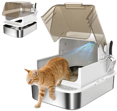 ECTEATOY® Gesloten RVS Kattenbak - Kattenbak met Deksel en Schep - Extra Groot voor Grote Katten - 70x50x46,5 cm - Wit
