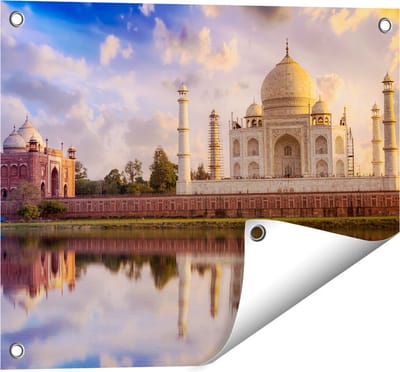 Gards Tuinposter Taj Mahal bij het Water in India - 50x40 cm - Tuindoek - Tuindecoratie - Wanddecoratie buiten - Tuinschilderij