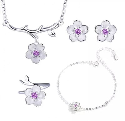 4-Delig-Set-Zilver-Ilse-Ketting-Armband-Oorbellen-Ring-Paars-Charme Bijoux