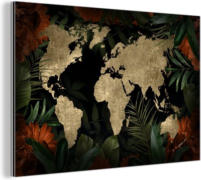 Wanddecoratie Metaal - Aluminium Schilderij Industrieel - Wereldkaart - Vintage - Bladeren - 120x80 cm - Dibond - Foto op aluminium - Industriële muurdecoratie - Voor de woonkamer/slaapkamer