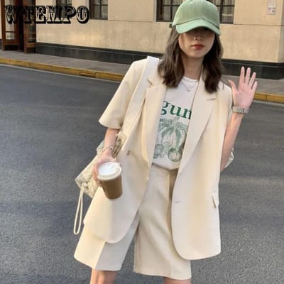 Blazer met korte mouwen Tweedelig Pak Jas+korte broek Dunne Casual Losse Damespakken Woon-werkverkeer Eenvoudig Effen Kleur Lente en Zomer XXXL beige
