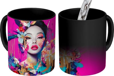 Magische Mok - Foto op Warmte Mokken - Koffiemok - Vrouw - Portret - Abstract - Paars - Magic Mok - Beker - 350 ML - Theemok