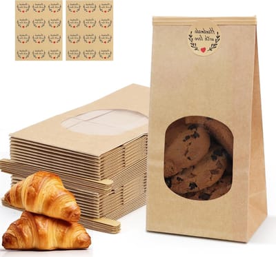 Papieren Zakjes met Venster - 24 Stuks, 9x5.5x18cm, Kraft Zakjes voor Noten, Thee en Snacks