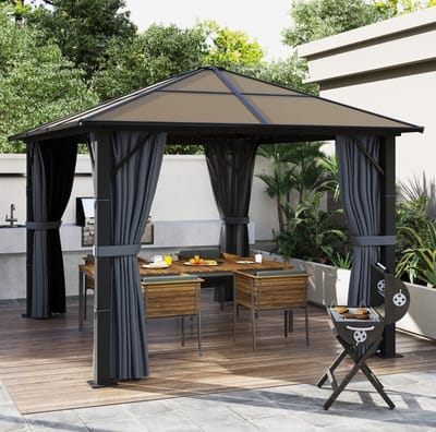 HAUSS SPOLE Paviljoen – 3 x 3 m – Polycarbonaat Dak Met Gordijnen En Muskietennet – Grijs – Voor Tuin En Terras – Waterdichte Beschutting