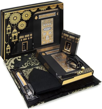 Famanu – Gebedsgeschenkdoos voor Hadj en Umrah - deluxe set - polyester - inclusief parel en gebedskralen - ideaal als Ramadan cadeau