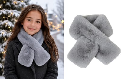 Meisjes Sjaal Grijs – Zachte Pluche Imitatiebont Wintersjaal met Lus – Voor Kinderen & Tieners (8-16 jaar) – 88 x 11 cm