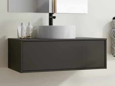 Vente-unique Antracietgrijs zwevend badkamermeubel met enkele ronde wastafel - 94 cm - TEANA II