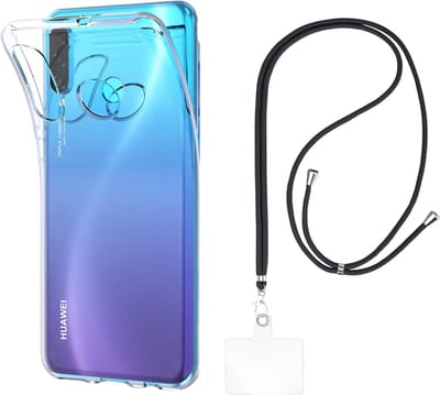 Set met hoesje en nekband voor huawei p30 lite - Flexibele, transparante TPU-bescherming, verstelbare universele nekband voor mobiele telefoons, zwarte nekband, transparante draagriem van Phonillico®
