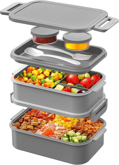 Famanu – Lunchbox Volwassenen - 2130 ml Bento-lunchbox met grote capaciteit en vakken - 3 lagen lekvrije bentobox voor kantoor - school (grijs)
