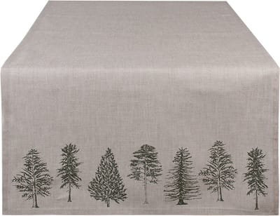 Clayre & Eef Tafelloper 50x140 cm Beige Groen Katoen Dennenbomen