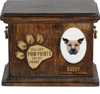 Persoonlijke urn voor Staffordshire Bull Terrier as, met gravure en herinneringsdoos