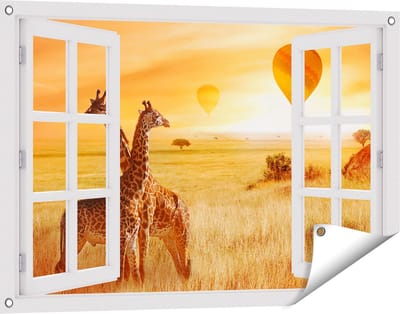 Gards Tuinposter Doorkijk Twee Giraffen met Twee Oranje Luchtballonnen - 90x60 cm - Tuindoek - Tuindecoratie - Wanddecoratie buiten - Tuinschilderij