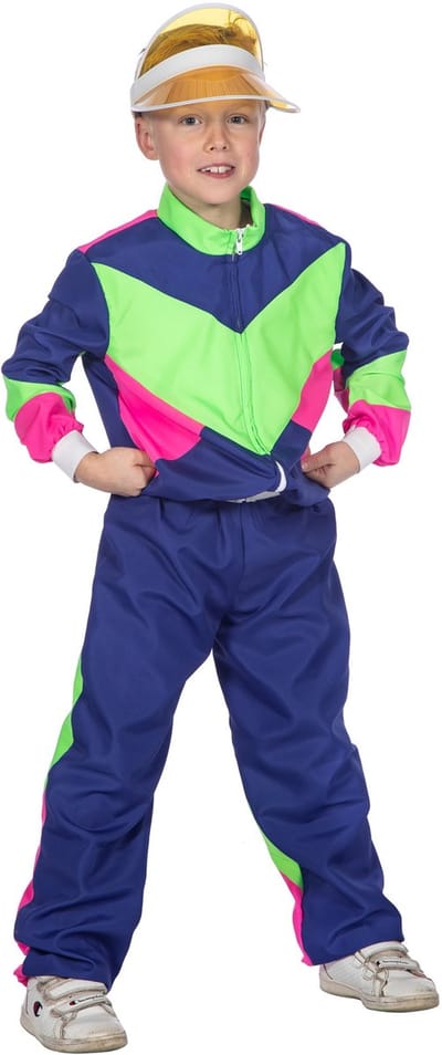 Wilbers & Wilbers - Jaren 80 & 90 Kostuum - Jaren 80 Retro Trainingspak Zo Fout Als Maar Kan Kind Kostuum - Blauw, Groen, Roze - Maat 152 - Carnavalskleding - Verkleedkleding