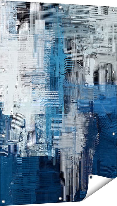 Gards Tuinposter Abstracte Kunst - Blauw Witte Penseelstreken - 80x120 cm - Tuindoek - Tuindecoratie - Wanddecoratie buiten - Tuinschilderij