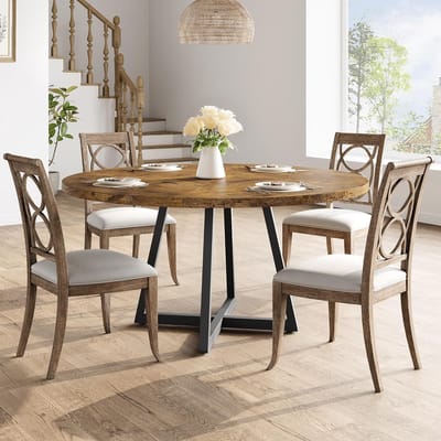 Ronde Industriële Eettafel - Ø 120 cm - Geschikt voor 4 tot 6 Personen - Met Handige Opbergplank - bruin Eiken Look & Zwart Metaal