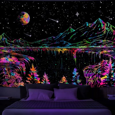 UV Reactief Mountain Tapijt Zwart Licht Sterrenhemel Wandkleed voor Slaapkamer - 130x150 cm