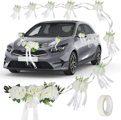 Witte Auto Versiering voor Bruiloften met Zuignappen - Inclusief 9 Bossen Zijde Bloemen, Perfect voor Ceremonies en Recepties