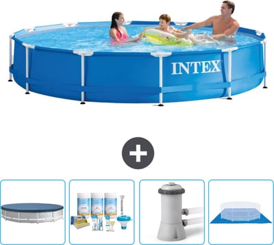 Intex Rond Frame Zwembad - 366 x 76 cm - Blauw - Inclusief Afdekzeil - Onderhoudspakket - Zwembadfilterpomp - Grondzeil