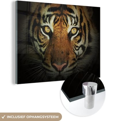 MuchoWow® Glasschilderij 160x120 cm - Schilderij acrylglas - Tijger - Licht - Ogen - Foto op glas - Schilderijen