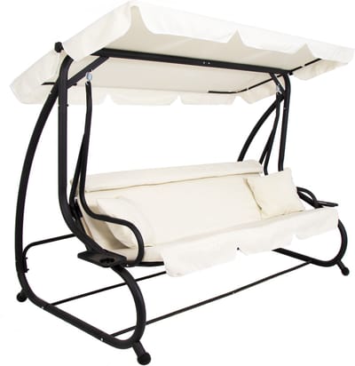 Springos Schommelbank | 3-zits | Waterafstotend | Inclusief 2 Kussens | Verstelbare Luifel | Met klamboe | 243 x 120 x 160 cm | Crème