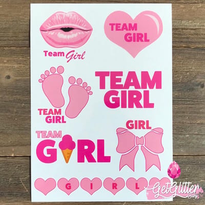 GetGlitterBaby® - Tijdelijke Tattoos / Henna Festival Plak Tattoes / Nep Tatoeage voor Volwassenen / Fake Temporary Tattoo Sticker - Baby Shower - Gender Reveal Versiering - Boy or Girl - Team Girl
