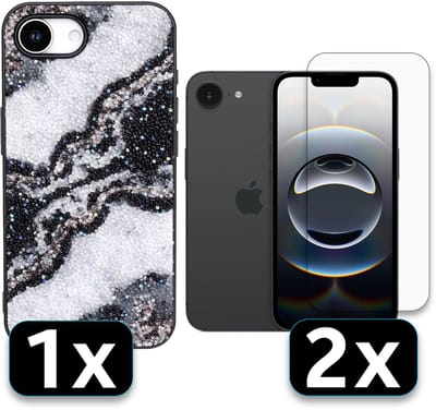 Casemania Hoesje Geschikt voor Apple iPhone 16e - Zwart - Marmer Diamant Glitter Back Cover / 2x Glazen Screenprotector