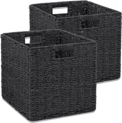 Gevlochten, Set Van 2 handgeweven opbergmanden voor planken met handgrepen, opvouwbare opbergbakken,voor kallax mand, waskamer, woonkamer, kinderkamer 28x28x28cm Zwart