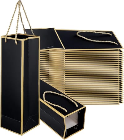 30 stuks 10x10x35 cm enkele wijnfles tas, luxe papieren wijnfles houder met handvatten voor bruiloften, verjaardagen en feesten, zwart en goud