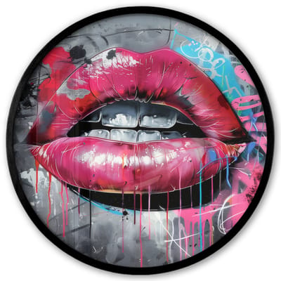 Poster in lijst Rond - Fotolijst 40x40 cm - Posters - Lippen - Felroze - Graffiti - Verfstrepen - Ronde posterlijst zwart - Decoratie - Wanddecoratie woonkamer - Muurdecoratie slaapkamer