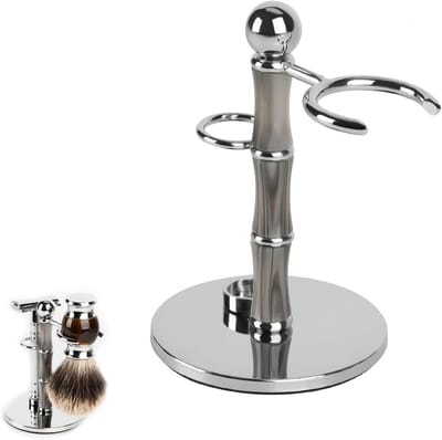 Allecto Plus - RVS Scheerkwasthouder met Antislip Basis voor Douche en Badkamer - Grijs met Bamboe Design - Scheerset Organisator met Veiligheidsoptie