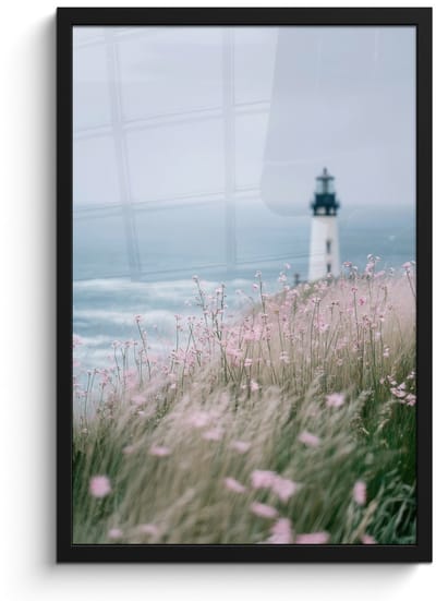 Poster in lijst - Fotolijst 40x60 cm - Posters - Vuurtoren - Klif - Zee - Bloemen - Posterlijst zwart - Decoratie - Wanddecoratie woonkamer - Muurdecoratie slaapkamer