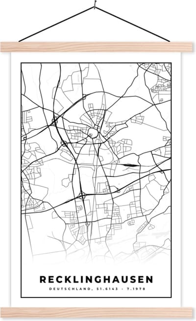 Posterhanger incl. Poster 40x60 cm - Schoolplaat - Plattegrond - Recklinghausen - Kaart - Stadskaart - Textielposter - Blanke latten - Stadskaart