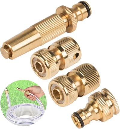 4 delige Waterkoppelset - Messing kraanstukken - Slangkoppelingen - Messing Tuinslang Aansluit Set - Verstelbare sproeikop - LOUZIR