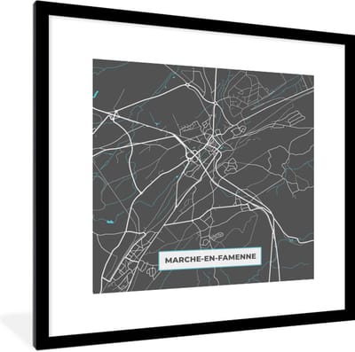 Fotolijst incl. Poster - België – Marche en Famenne – Stadskaart – Kaart – Blauw – Plattegrond - 40x40 cm - Posterlijst
