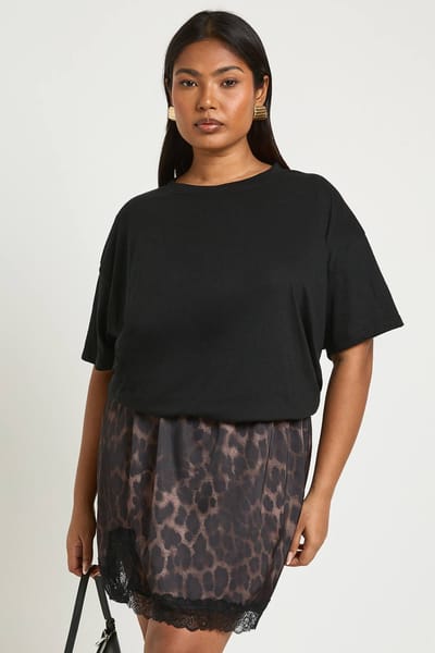 boohoo Dames Plus Leopard Satijn Kant Trim Mini Rok | Maat: 28
