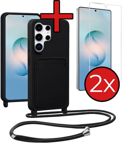 Hoesje Geschikt voor Samsung S26 Ultra Hoesje Siliconen Case Met Koord Met 2x Screenprotector - Hoes Geschikt voor Samsung Galaxy S26 Ultra Hoesje Backcover Met Telefoonkoord - Zwart