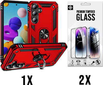 Casemania Hoesje Geschikt voor Samsung Galaxy A55 - Rood - 2X Glazen Screenprotector - Anti-Shock Hybrid Armor Back Cover - Hoes met Kickstand Ring
