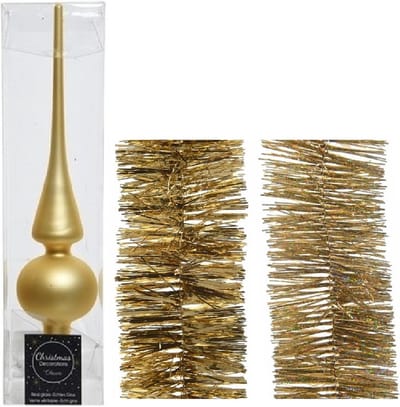 Kerstversiering glazen piek mat 26 cm en folieslingers pakket goud van 3x stuks - Kerstboomversiering