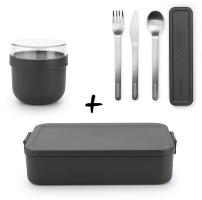 Brabantia Make & Take Set - Bento Lunchbox + Bestekset 3-delig + Yoghurtbeker - Dark Grey