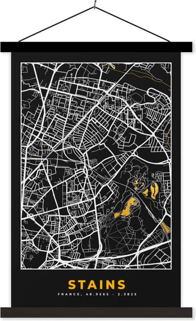Posterhanger incl. Poster 40x60 cm - Schoolplaat - Plattegrond - Stains - Kaart - Frankrijk - Stadskaart - Textielposter - Zwarte latten - Stadskaart